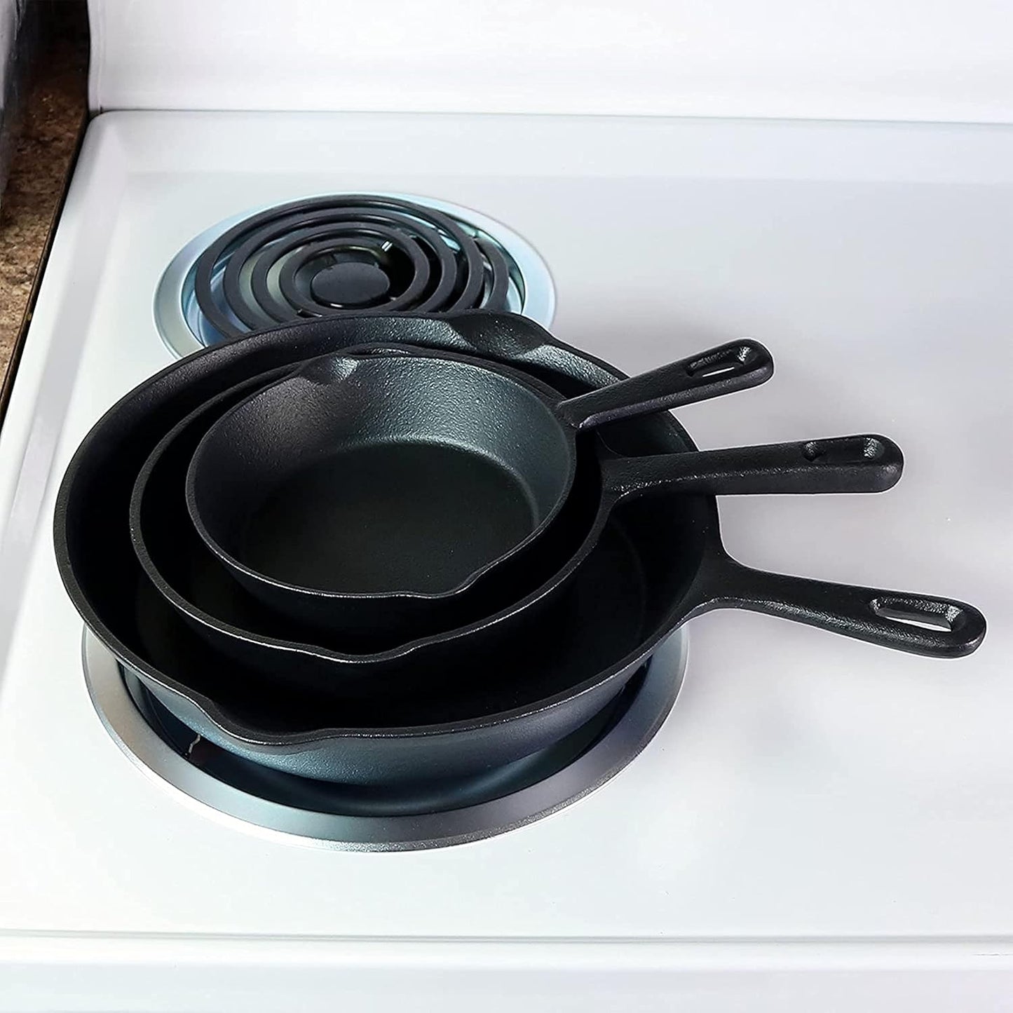 Sunnydaze 3-Piece Pre-Seasoned Heavy-Duty Cast Iron Skillet Set - 6-Inch, 7-Inch, and 10-Inch Black Metal Frying Pans
