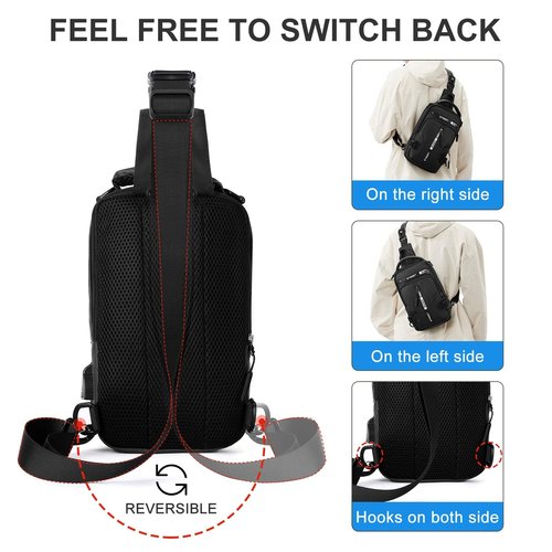 Large Black Sling Bag for Men Women, Mini Anti Theft One Strap Motorcycle Sling Backpack, Small Sling Chest Bag Daypack Crossbody Backpack with Usb Port for Casual Travel Hiking Gym Outdoor Sports