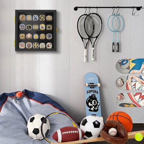 Championship Ring Display Case: Wooden Shadow Box with 20 Ring Posts Sports Award Rings - Baseball, Basketball, Football, Soccer