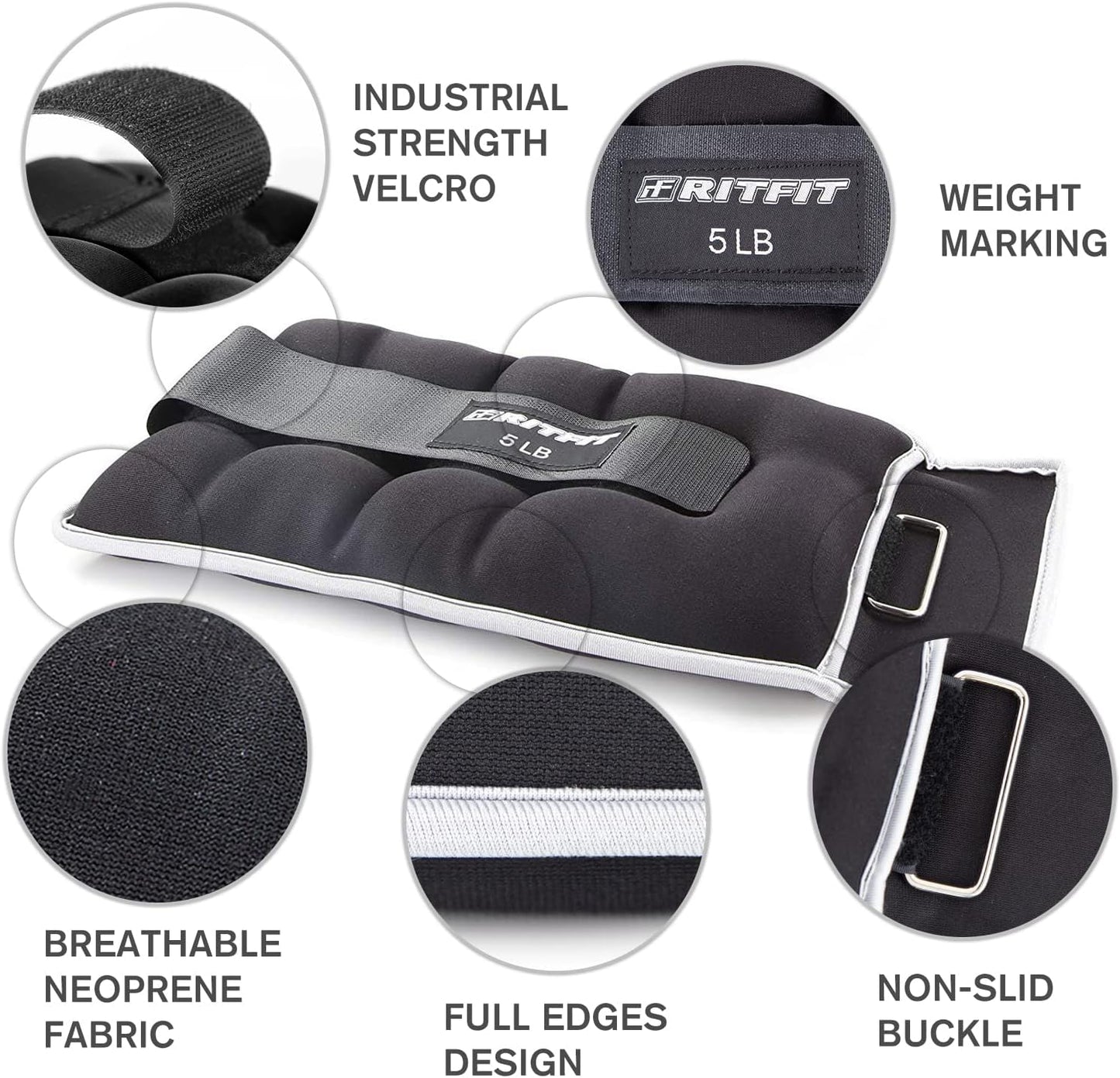 RitFit Ankle Wrist Weights (1 Pair) 1 1.5 2 3 4 5 LB Each with Fully Adjustable Strap for Arm, Hand & Leg - Best for Walking, Jogging, Gymnastics, Aerobics