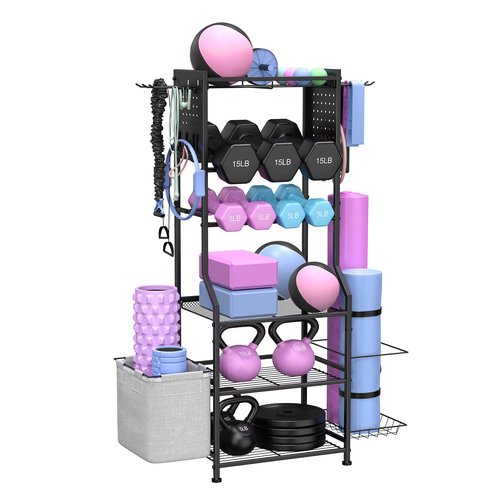 Dumbbell Rack, Home Gym Storage for Dumbbells Kettlebells Yoga Mat & Strength Training Equipments, Weight Rack with Peg Board Organizer, Workout Storage Gym Organizer Gym Equipment Storage, Black