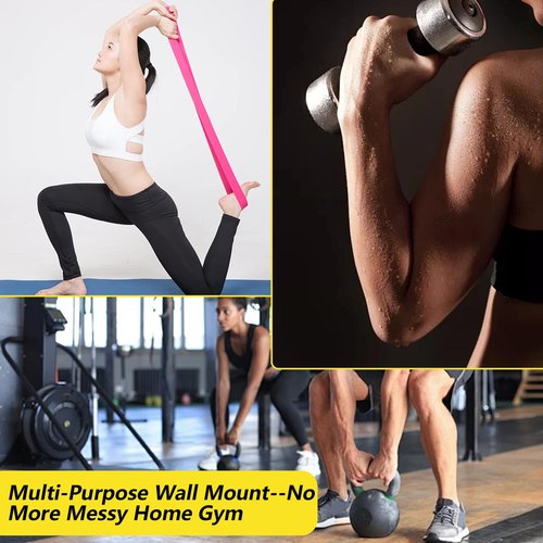 Wall-Mounted Gym Equipment Storage Rack - Home Gym Resistance Band Rack for Resistance Bands, Barbells, Jump Ropes, Lifting Belts, and More | Includes 8 Hooks and Carabiners