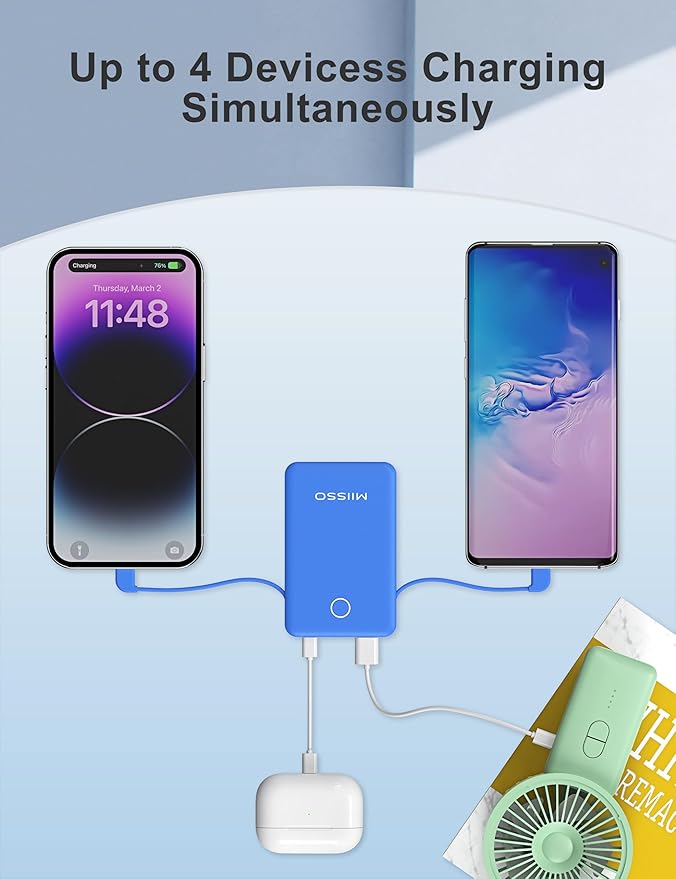 6000mah Ultra Slim Built in Cables Power Bank, Card Size Built in USB C Cords Battery Pack Portable Charger for Phones, 3 Output External Battery Pack Compatible with iPhone, Samsung, Deep Blue