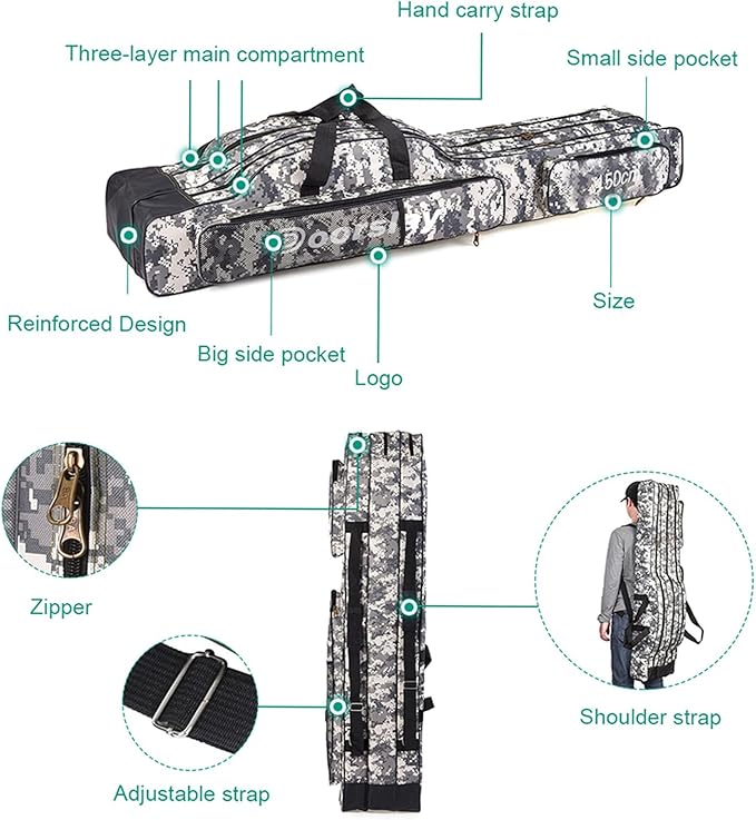 doorslay Fishing Bag Portable Folding Fishing Tackle Storage Bags Oxford Fishing Rod Case Fishing Pole Bag Carry Organizer Outdoor Waterproof for Fishing Camping Hiking Traveling