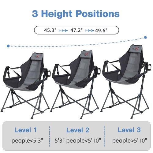 RELAX FIELD Hammock Camping Chair, 3 Heights Swinging Chair with Adjustable Backrest, Folding Rocking Chair with Head Pillow&Cup Holder, Outdoor Chairs for Camping and Hiking, Supports 350lbs, Black