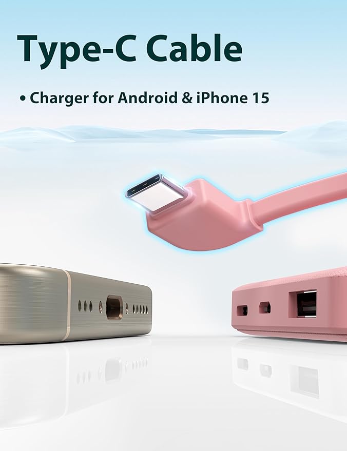 6000mah Ultra Slim Built in Cables Power Bank, Card Size Built in USB C Cords Battery Pack Portable Charger for Phones, 3 Output External Battery Pack Compatible with iPhone, Samsung, Google, Pink