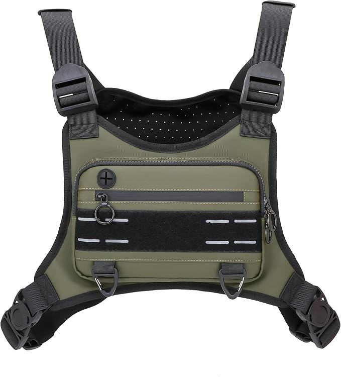Sports Chest Bag For Men Women, Water Resistant Lightweight Front Chest Pack, Running Vest Bag With Built-In Phone Holder & Extra Storage For Workouts, Running, Cycling (Olive)