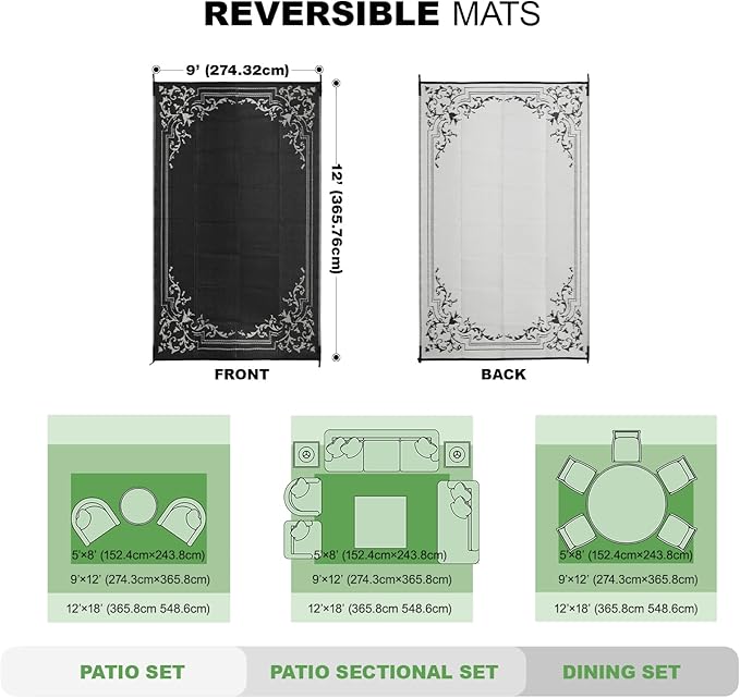 wikiwiki Outdoor Rug, 9x12ft Waterproof Reversible Mat Indoor Outdoor Rugs Carpet, Small Area Rug Plastic Straw Rug for Patio Deck Balcony Pool RV Camping Beach Picnic, Classic Black, Rugscape Series