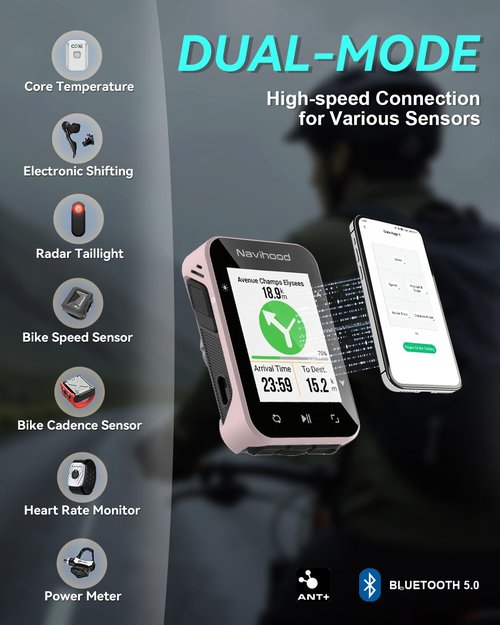 Navihood L2 GPS Bike Computer, 2" Color LCD Wireless Cycling Computer,Bike Speedometer Bluetooth ANT+, IPX7 Waterproof, Auto Backlight, Supports HR/Cadence/Power Sensors(Pink)