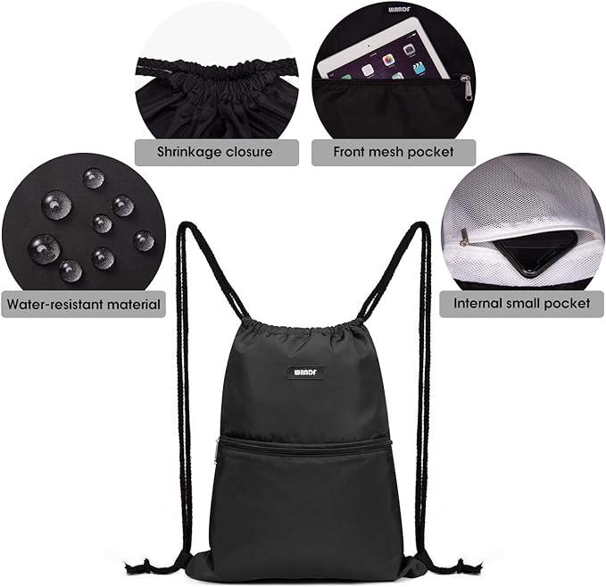 WANDF Drawstring Backpack String Bag Sackpack Cinch Water Resistant Nylon for Gym Shopping Sport Yoga (Black)