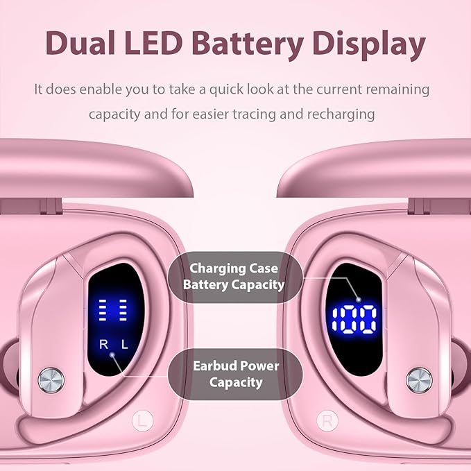 bmanl Wireless Earbuds Bluetooth Headphones 48hrs Play Back Sport Earphones with LED Display Over-Ear Buds with Earhooks Built-in Mic Headset for Workout Pink