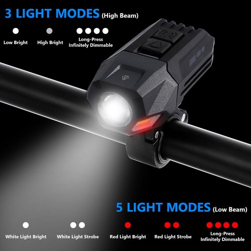 Bike Light, 800 Lumen Rechargeable Bicycle Lights with Spot and Flood Light, 5 Modes, IPX4 Waterproof, Super Bright Bike Headlight with White & Red Light for Men Women Night Riding, Mountain and Road