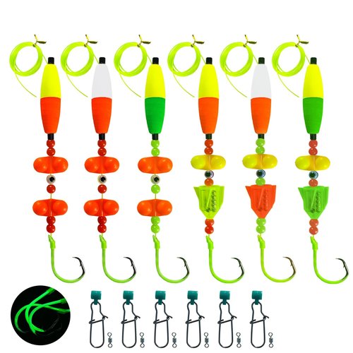 Eupheng Catfish Float Rigs, Catfishing Tackle Floats with Rattler Beads Snaps, Colorful Santee Cooper Rigs for Catfish Fishing 5/0 6/0 8/0 Glow in Dark Circle Hooks(6PCS)