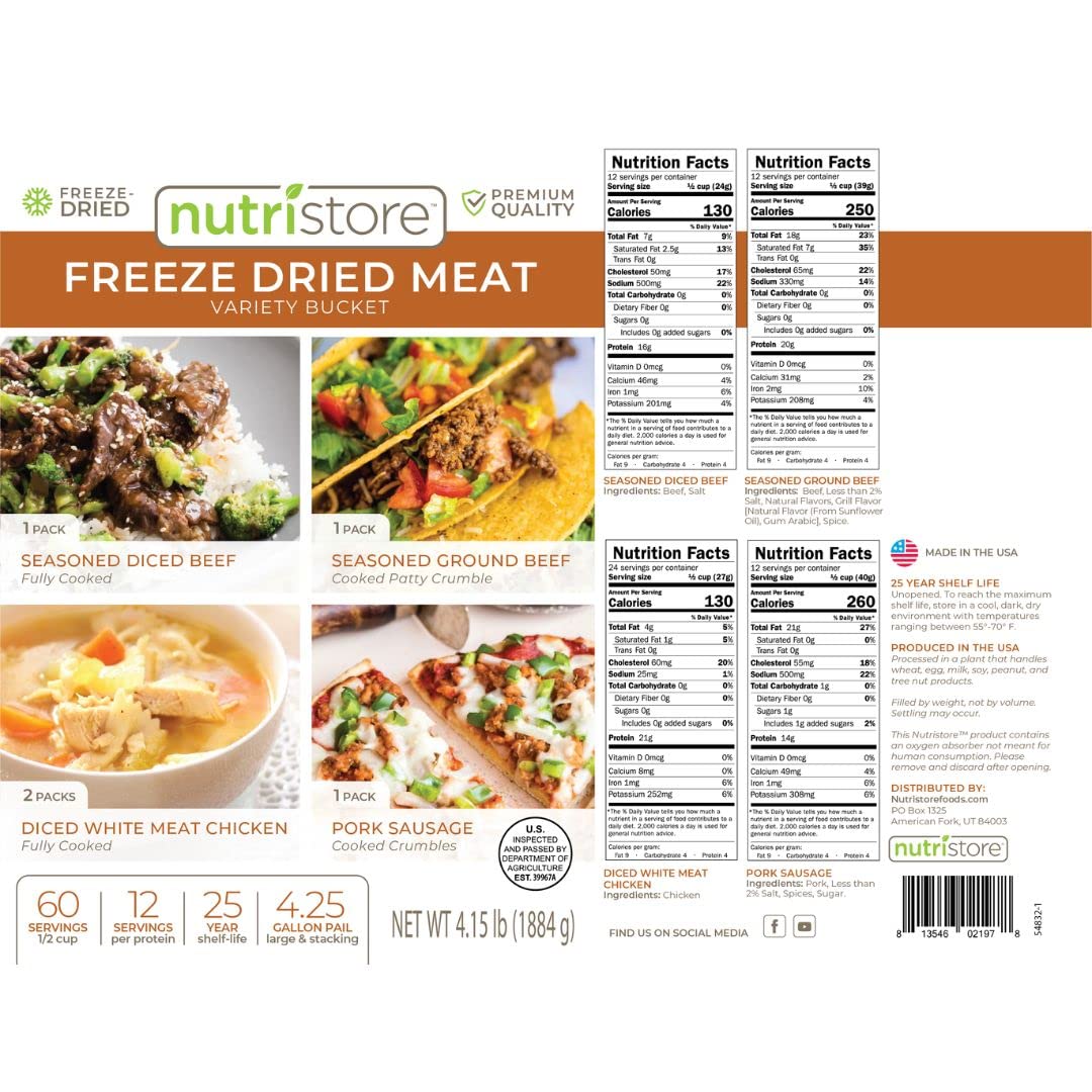 Nutristore Emergency Buckets | Premium Freeze-Dried Meats | 25-Year Shelf Life | Made in USA | Emergency Survival Food Supply | 60 Large Servings