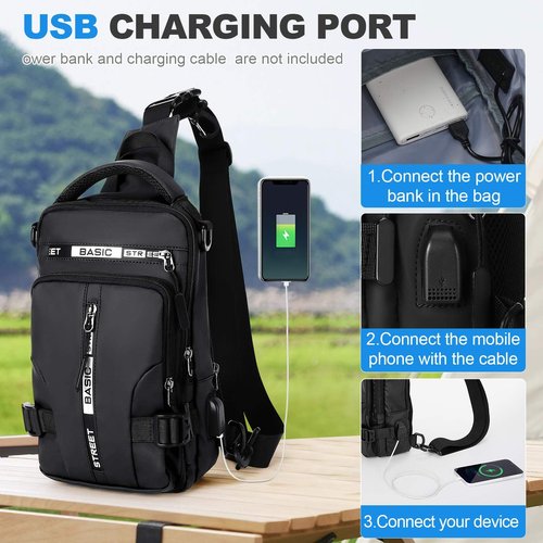 Large Black Sling Bag for Men Women, Mini Anti Theft One Strap Motorcycle Sling Backpack, Small Sling Chest Bag Daypack Crossbody Backpack with Usb Port for Casual Travel Hiking Gym Outdoor Sports