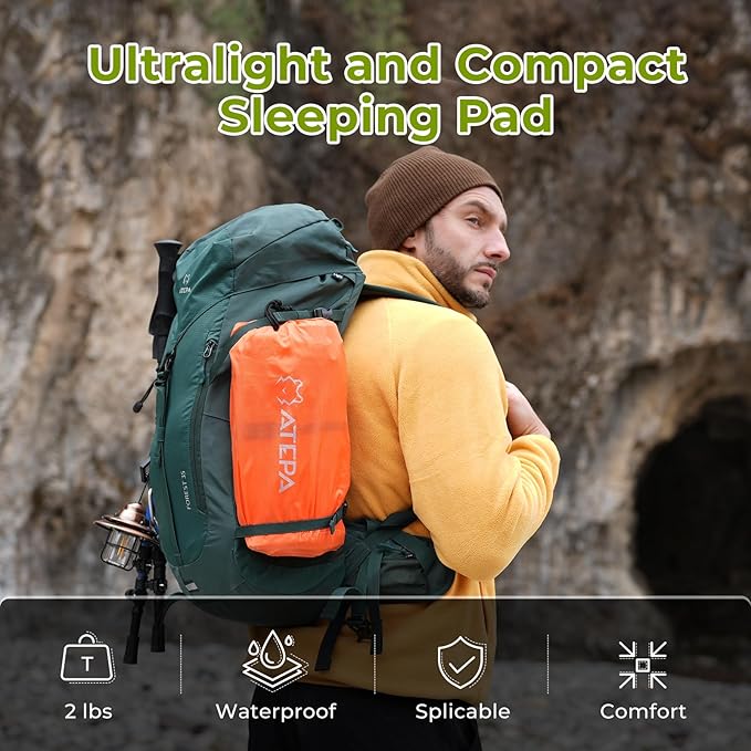 ATEPA Inflatable Sleeping Pad, Waterproof Button-Attachable Backpacking Camping Mattress with Pillow & Built-in Foot Pump for Backpacking Camping Hiking Tent Travelling, Navy