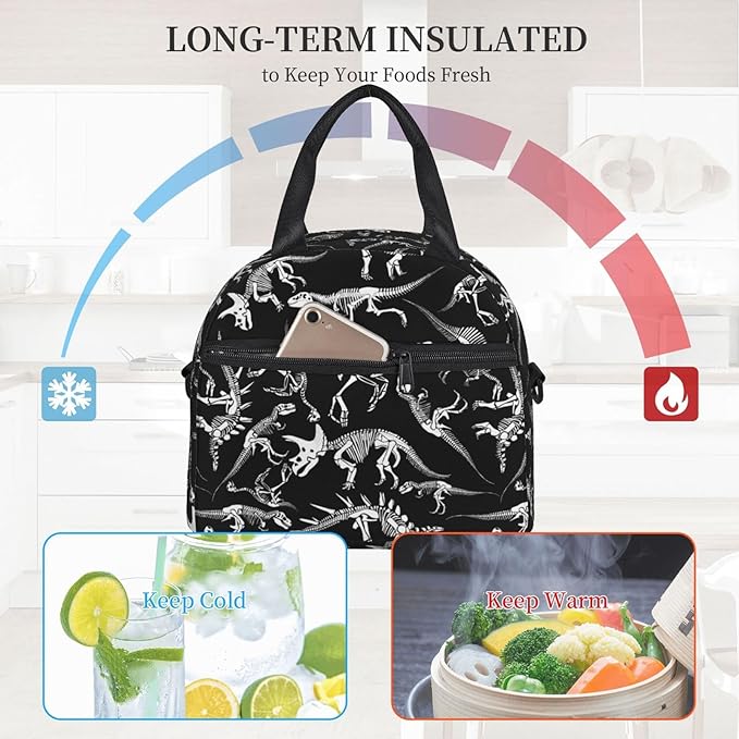 bassyil Dinosaur Insulated Lunch Bag Reusable Lunch Box With Adjustable Shoulder Strap Cooler Tote Bag For Men Women