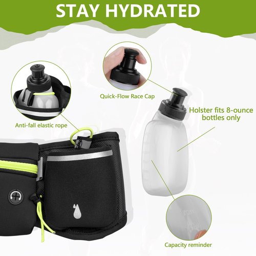 Hydration Running Belt for Women & Men with 2 Water Bottles – Water-Resistant Waist Pack & Phone Holder, No-Bounce Fit for Running, Hiking, Workouts – Bonus Sweatband, Fits All Phones