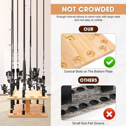 okkoCoin Fishing Rod Holders for Garage,Floor Stand Holds up to 16 Rods Wood Fishing Gear Equipment Storage Organizer, Fishing Gifts for Men