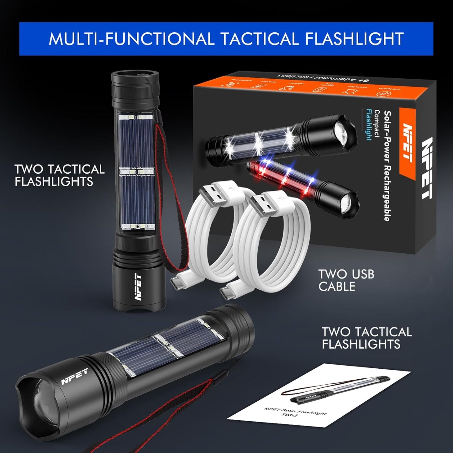 NPET T10 Car Flashlight 500 Lumens LED COB Light Solar Powered USB Rechargeable Tactical Multi-Function Torch Tool with 120dB Siren Window Breaker Seat Belt Cutter Compass for Camping