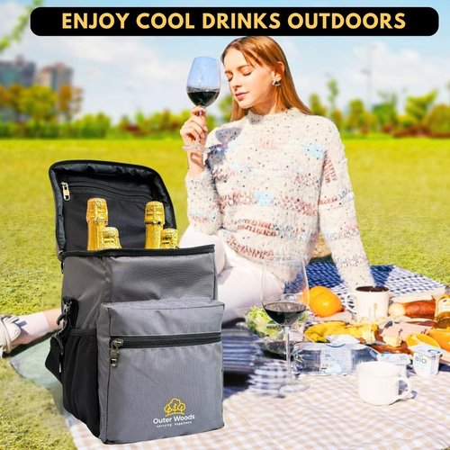 Outer Woods Insulated 4 Bottle Cooler Bag | 6+ Hours Cooling | Beverage Cooler Bag | 4 Units of Ice Gel Packs Included (Grey)