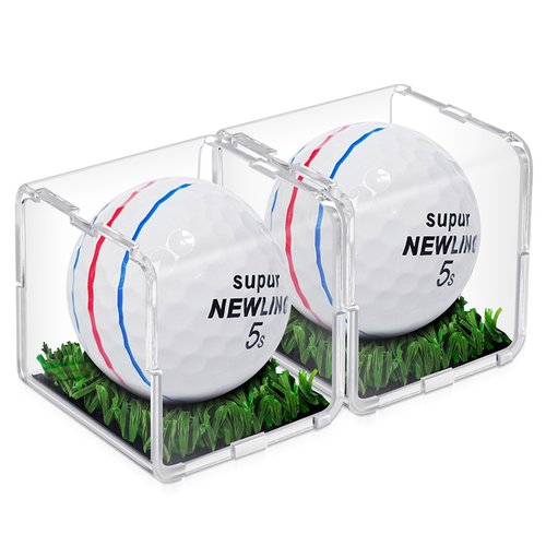 Tioncy 2 Pcs UV Protected Golf Ball Holder Display Case with Turf 2x2 x2 Inch Clear Acrylic Golf Ball Hole in one Stand Display Case Storage Box for Memorabilia Autograph Souvenir Collection