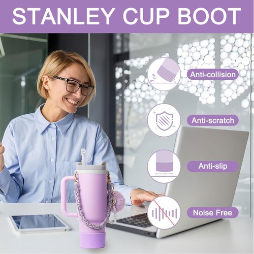 BELSITA Stanley Cup Accessories Set, Pom Pom Pearl Chain Braided Design Water Bottle Handle Strap, Silicone Stanley Cup Boot, Stanley Charms for Stanley Cup 30/40oz Tumble (Purple)