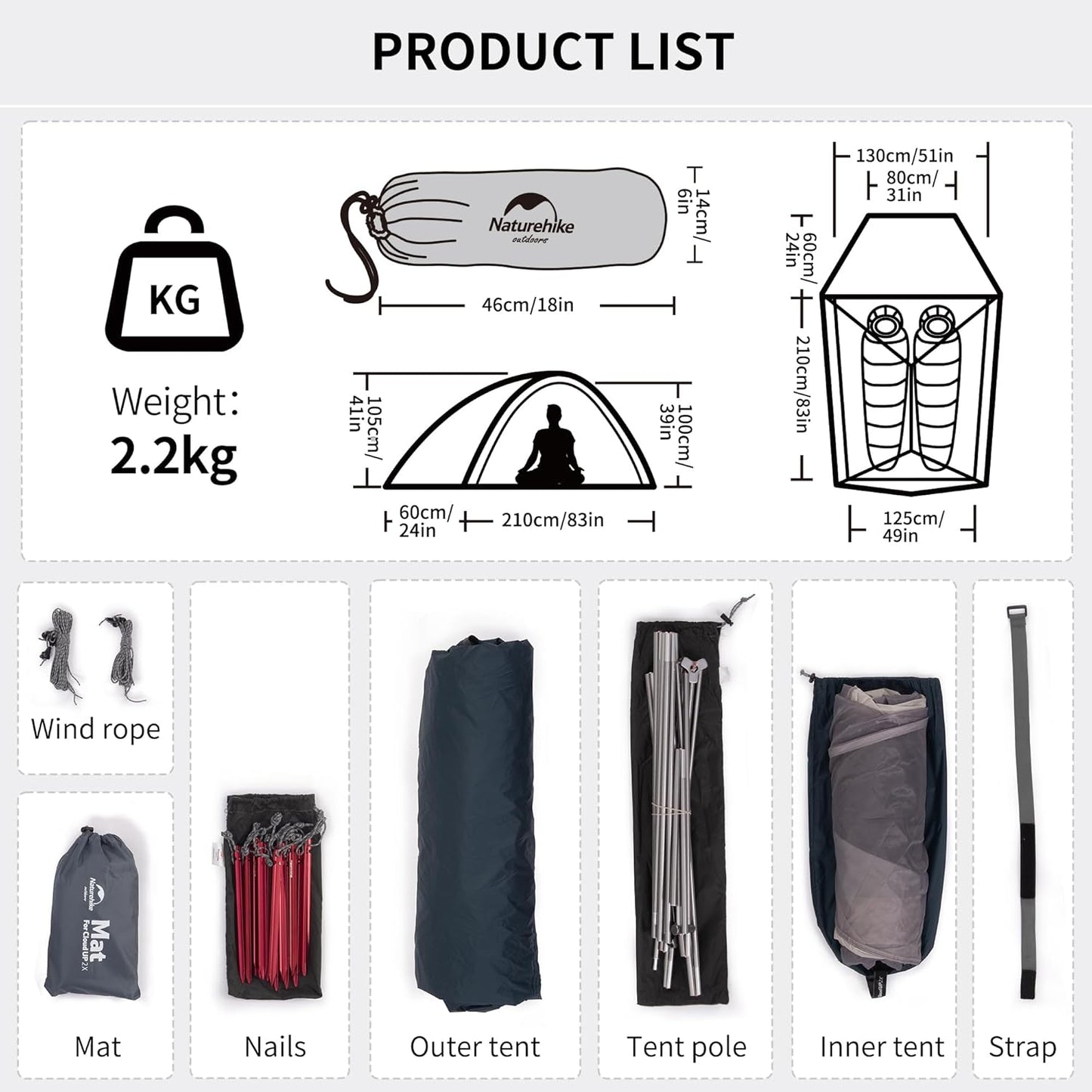 Naturehike Cloud-Up 3 Person Lightweight Backpacking Tent with Footprint - 3 Season Free Standing Dome Camping Hiking Waterproof Backpack Tents