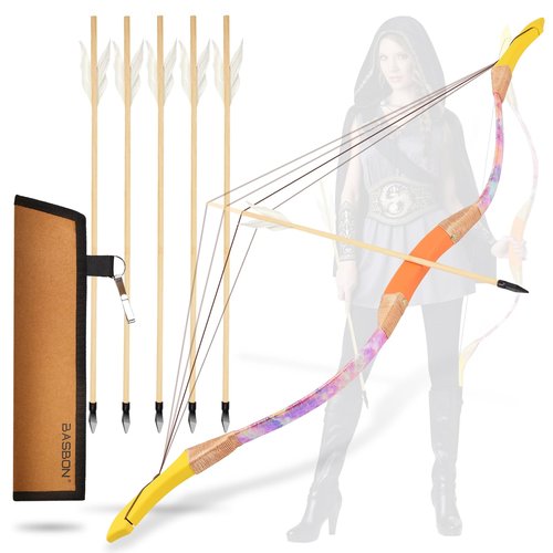 Youth Wooden Bow and Arrow Set, 40 Inch Archery Set Microfiber Leather-Wrapped, Handmade Toys Bow and Arrow Cosplay Costume Prop Games, 5 Feather Arrows (Rubber Tip), Gifts for Kids Boys Girls