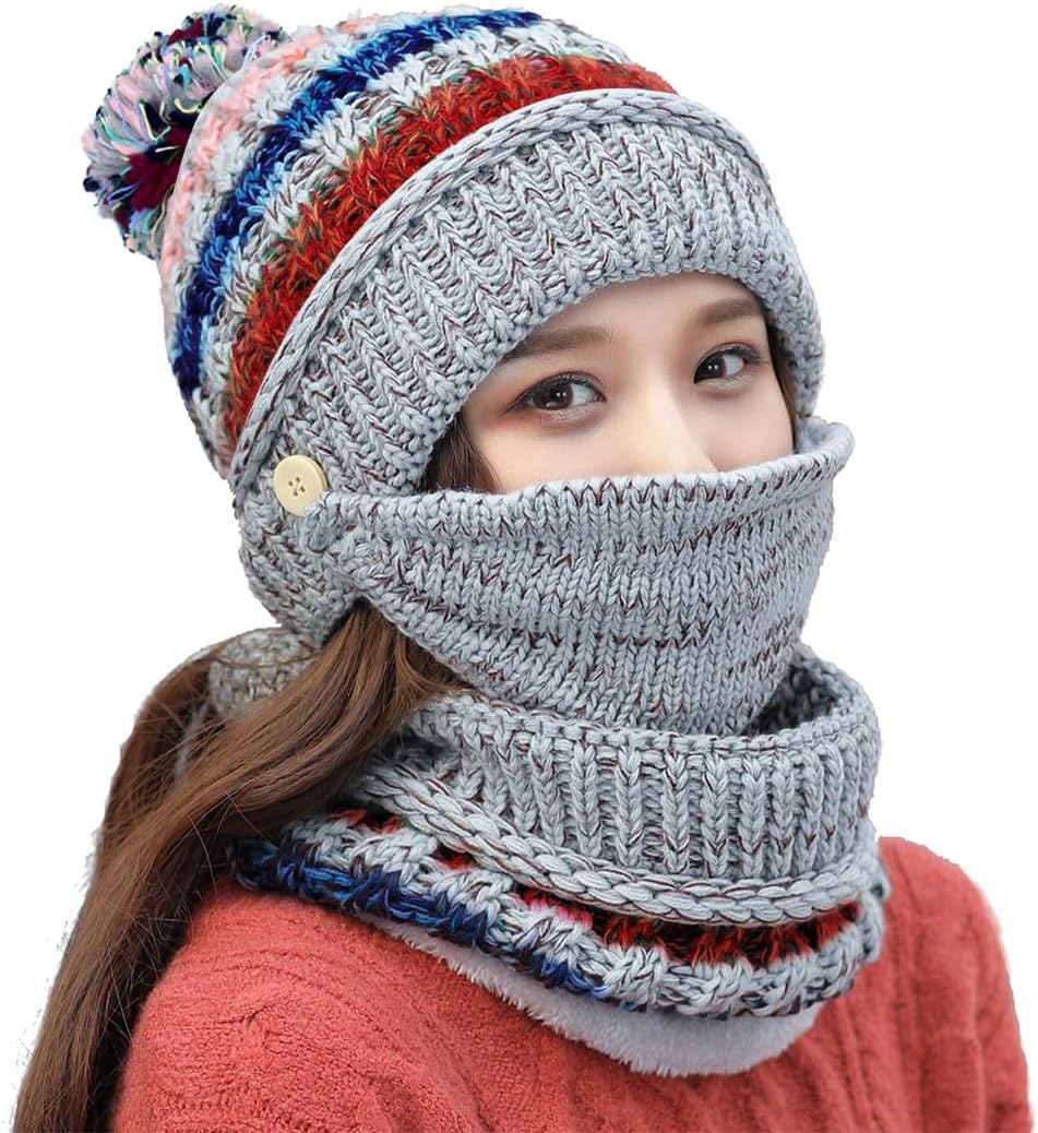 Ypser Women's Winter Warm Knitted Crochet Hat Fleece Lined Cable Faux Fur Pom Pom Beanie Hat Skull Cap