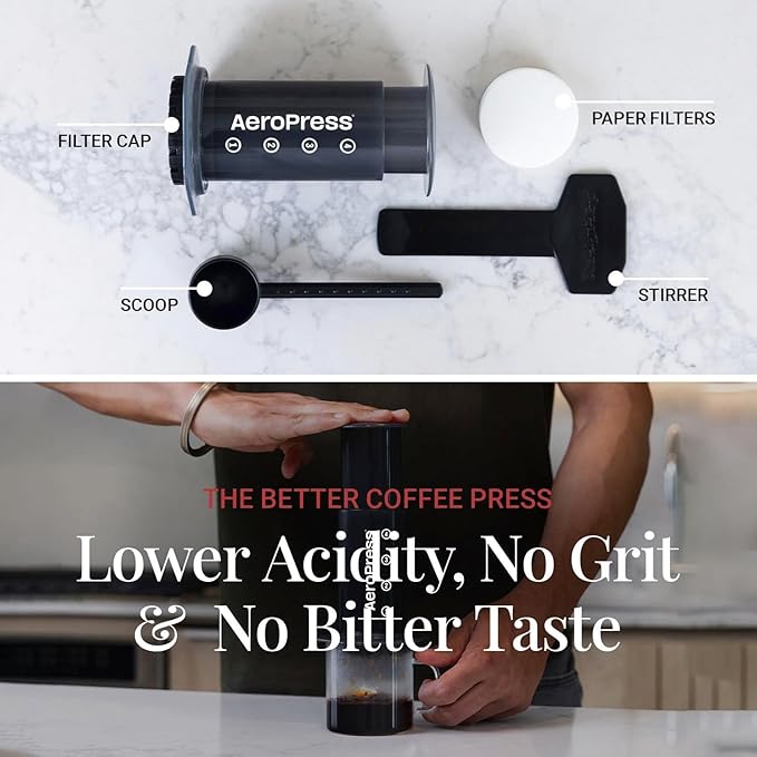 AeroPress Original Coffee Press – 3 In 1 Brew Method Combines French Press, Espresso, Full Bodied Coffee Without Grit or Bitterness, Small Portable Coffee Maker for Camping & Travel