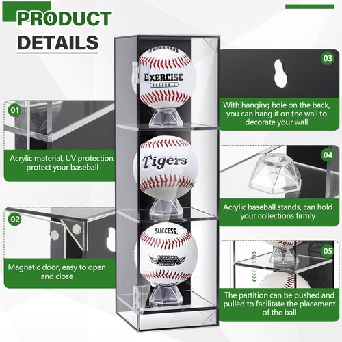 Threehoney 3 Baseball Display Case Cabinet Wall Mount Clear Acrylic Ball Shadow Box for Baseball Tennis Ball Box with Removable Ball Stand Holder Collector Memorabilia Autograph Display Box