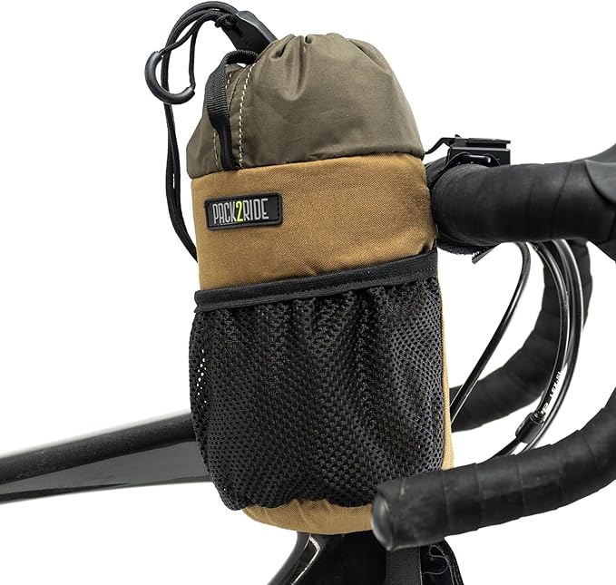Bongo Bike Handlebar Bag - Water Resistant & Durable Fabric Bicycle Water Bottle Holder, Secure Attachment Bikepacking Stem Bag, Front Biking Storage, Bike Organizer for Cycling - Coyote