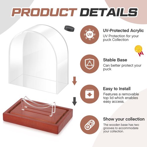 Wonderjune Clear Hockey Puck Display Case Acrylic Hockey Puck Holder with Wood Base Hockey Puck Display Stand for Autographed Collectibles Souvenir