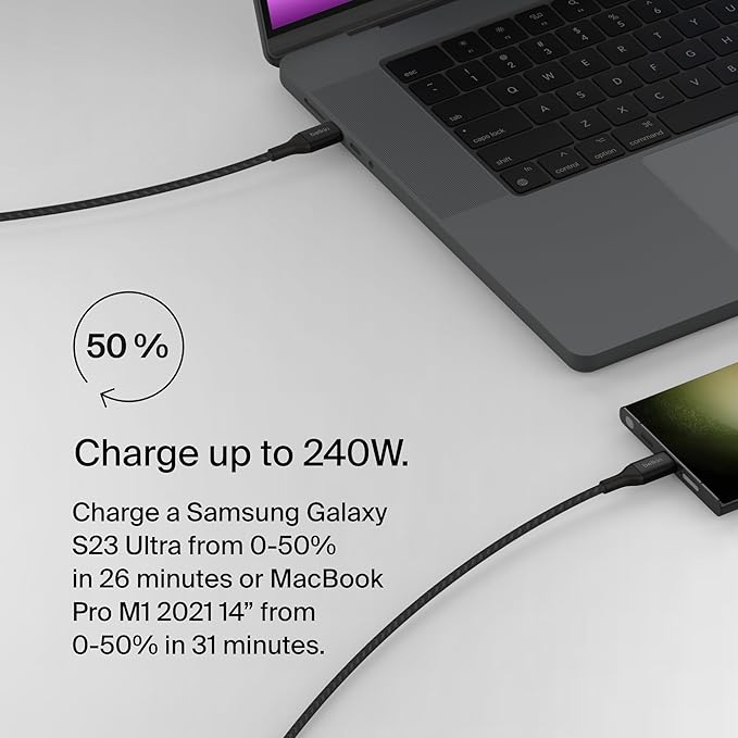 Belkin USB C to USB C Cable, 3.3ft, 240W - Type C Charger, iPhone Charger Cord, Fast Charging for iPhone 16, Galaxy S25, Pixel 9, MacBook, Chromebook, iPad Pro, Switch Steam Deck - Black