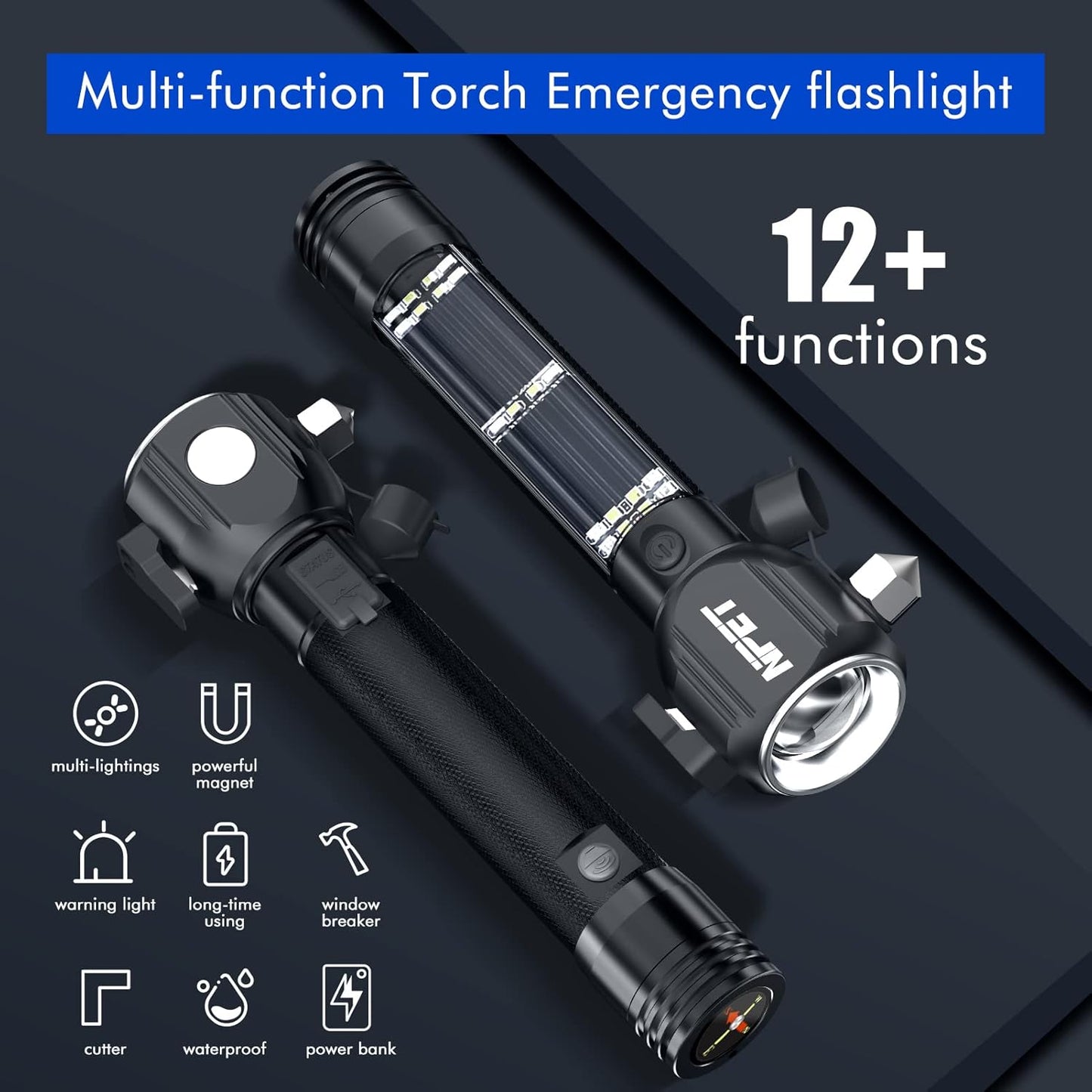 NPET T10 Car Flashlight 500 Lumens LED COB Light Solar Powered USB Rechargeable Tactical Multi-Function Torch Tool with 120dB Siren Window Breaker Seat Belt Cutter Compass for Camping
