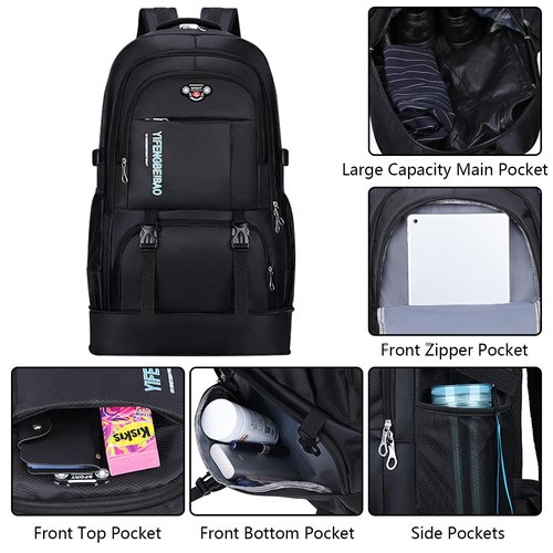 Wesoke 65L Hiking Backpack Black, Expandable Travel Hiking Daypacks, Waterproof Large Camping Backpack for Men Women, Foldable Lightweight Outdoor Sport Backpacking Backpack for Climbing Touringr