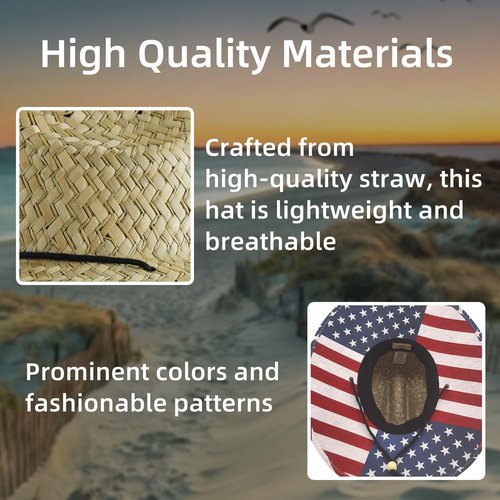 TUREVIEW Men's and Wowen's Lifeguard Straw Hat Wide Brim Beach Hat Sun Protection Outdoor Hat for Fishing Hiking (American Flag)