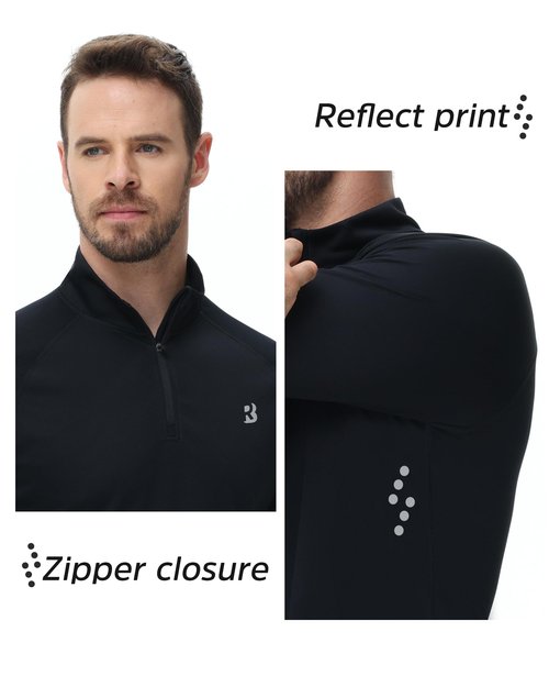 Roadbox UPF 50+ Long Sleeve Shirts for Men - Quarter Zip Pullover Quick Dry Rash Guard for Running Golf Fishing Workout Black