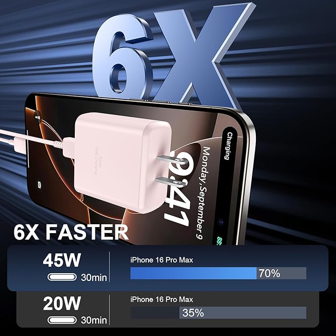 Phone 16 Pro Max Charger Fast Charging, 45W USB C Phone 16 Super Fast Charger Block with 6.6ft Long Type C Charging Cable Cord for Phone 16/16 Pro/16 Pro Max/16 Plus, 15/15 ProMax/Pro/Plus-2pack Pink