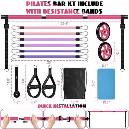 Pilates Bar Kit with Resistance Bands, Olodeer Pilates Reformer Exercise Bar with Ab Roller at Home Workout Equipment, Pilates Bar Set for Full Body Training Women & Men