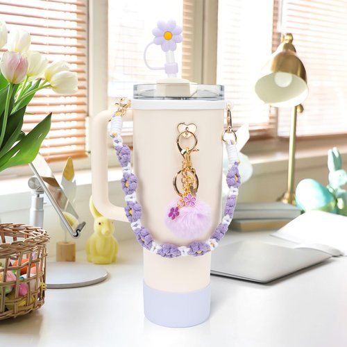EIOAUY Cup Accessories Set for Stanley Cup 30oz 40oz Tumbler with Handle - Including Water Bottle Handle Strap, Boot, Keychain Charms, Straw Topper Cover Cap for Stanley - Purple