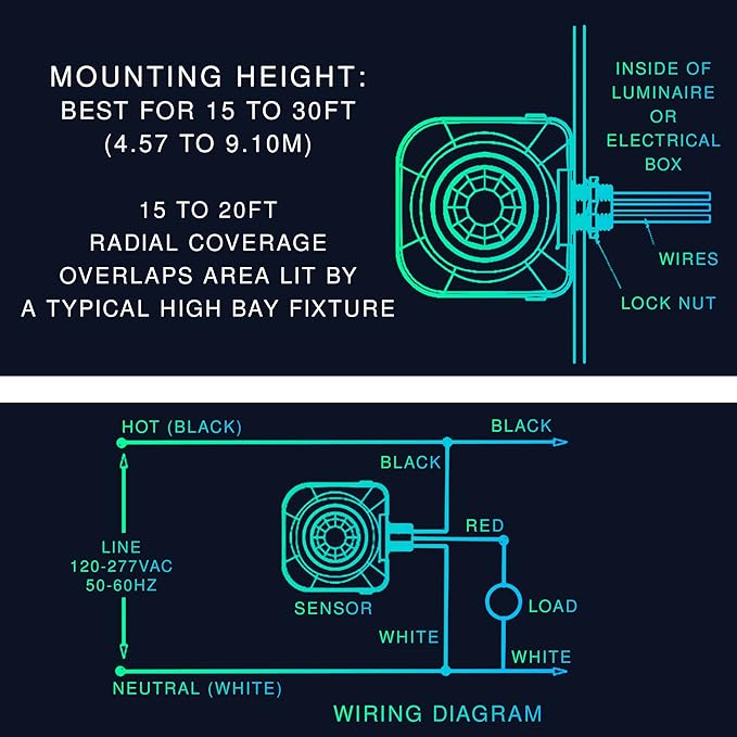 Ceiling Occupancy Motion Sensor, Passive Infrared Technology, High Bay Fixture Mount 360 Degree, Hard-Wired, 120-277 VAC, Commercial, Industrial Grade Occupancy Sensor