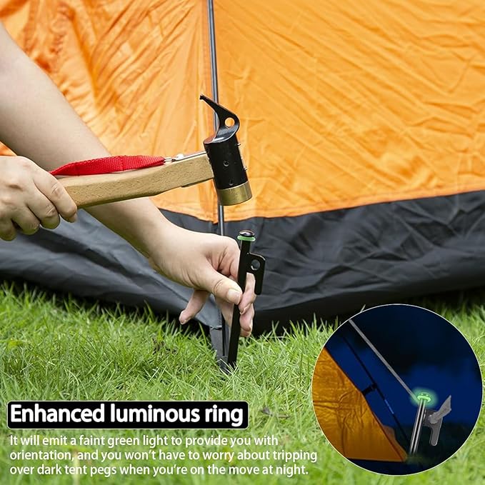 12Inch Heavy Duty Tent Stakes,20 PCS Tent Pegs Metal+Fluorescent Silicone Rings+ Storage Bag for Camping (20pcs)