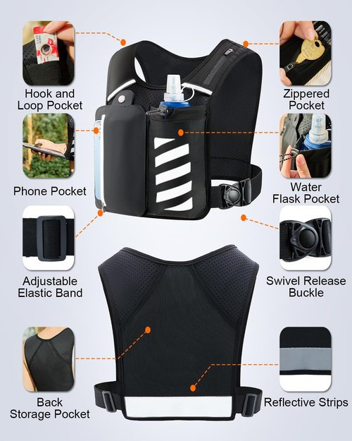 Reflective Running Vest with Water Bottle Phone Holder for Women/Men, Hydration Gear Back Pack/Backpack, Light Weight Chest Bag Run Essential Accessory for Marathon Runner Walking Trail Rucking, Black