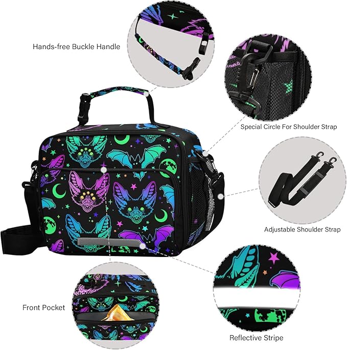 Halloween Rainbow Bats Lunch Bag Insulated Lunch Tote Bags Cooler Lunch Box Food Container for Men Women Kids Adults