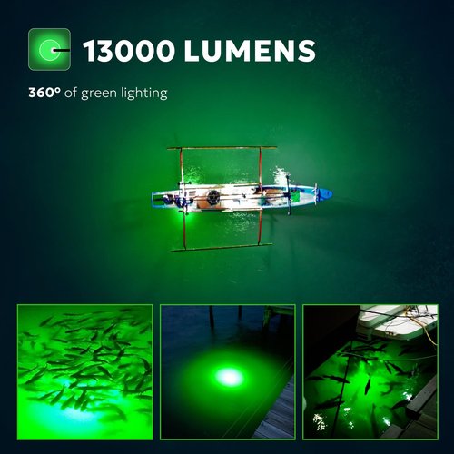 SF LED Underwater Fishing Light 100W Fish Attracting Light 13000lm Green Fishing Light Submersible for Dock and Boats IP68 Waterproof 24ft with Cigarette Lighter or Battery Clips to Provide Power