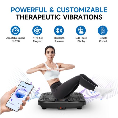 Vibration Plate Exercise Machine Weight Loss, Full Body Workout Vibration Plate Lymphatic Drainage, 199 Adjustable Speeds Power Shaping Vibrating Plate 450 Lbs Capacity Fitness Platform Black