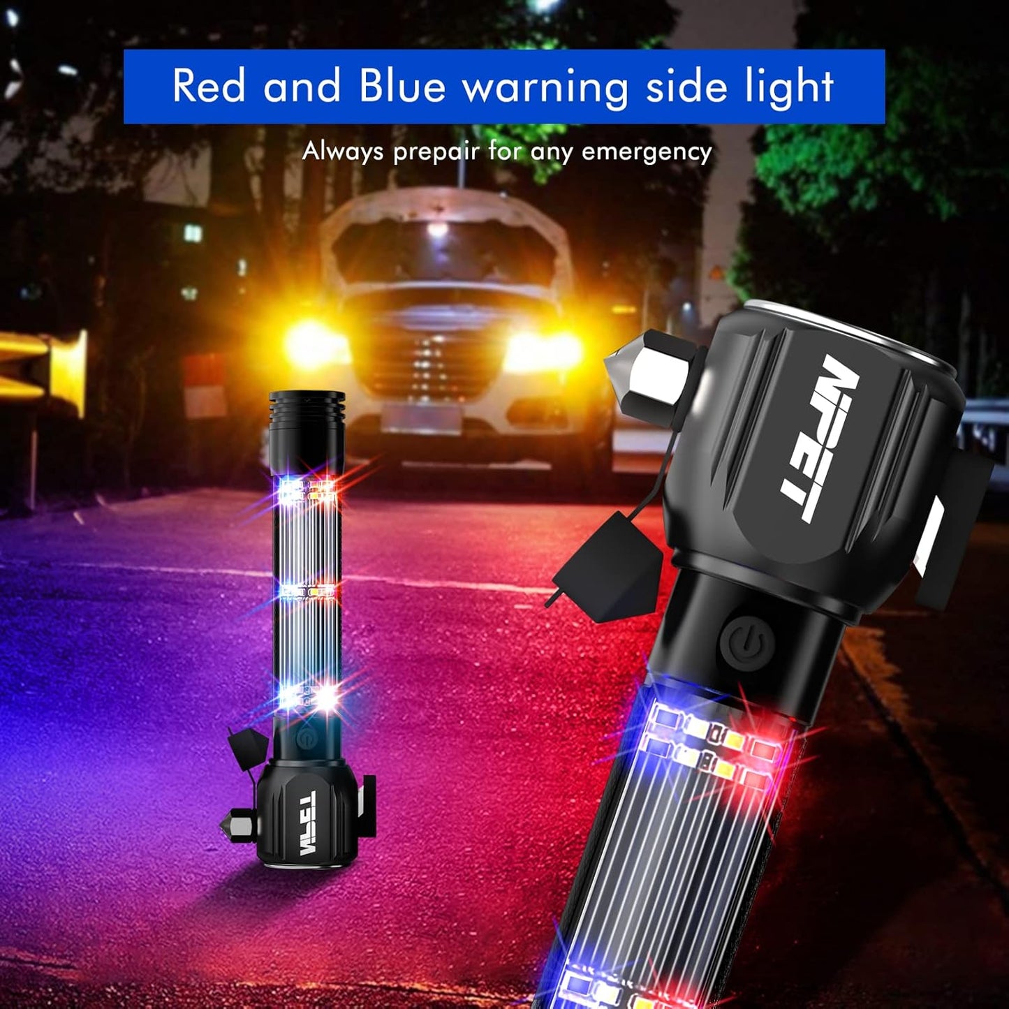 NPET T10 Car Flashlight 500 Lumens LED COB Light Solar Powered USB Rechargeable Tactical Multi-Function Torch Tool with 120dB Siren Window Breaker Seat Belt Cutter Compass for Camping