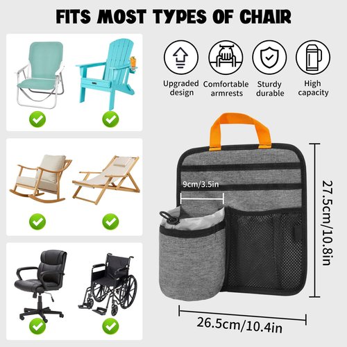 BOHEMIABY Beach Chair Cup Holder Attachment with Insulated Sleeve & 5 Pockets, Adjustable Armrest Organizer Caddy for Lawn Chairs, Camping, Stadium, Office (Grey)